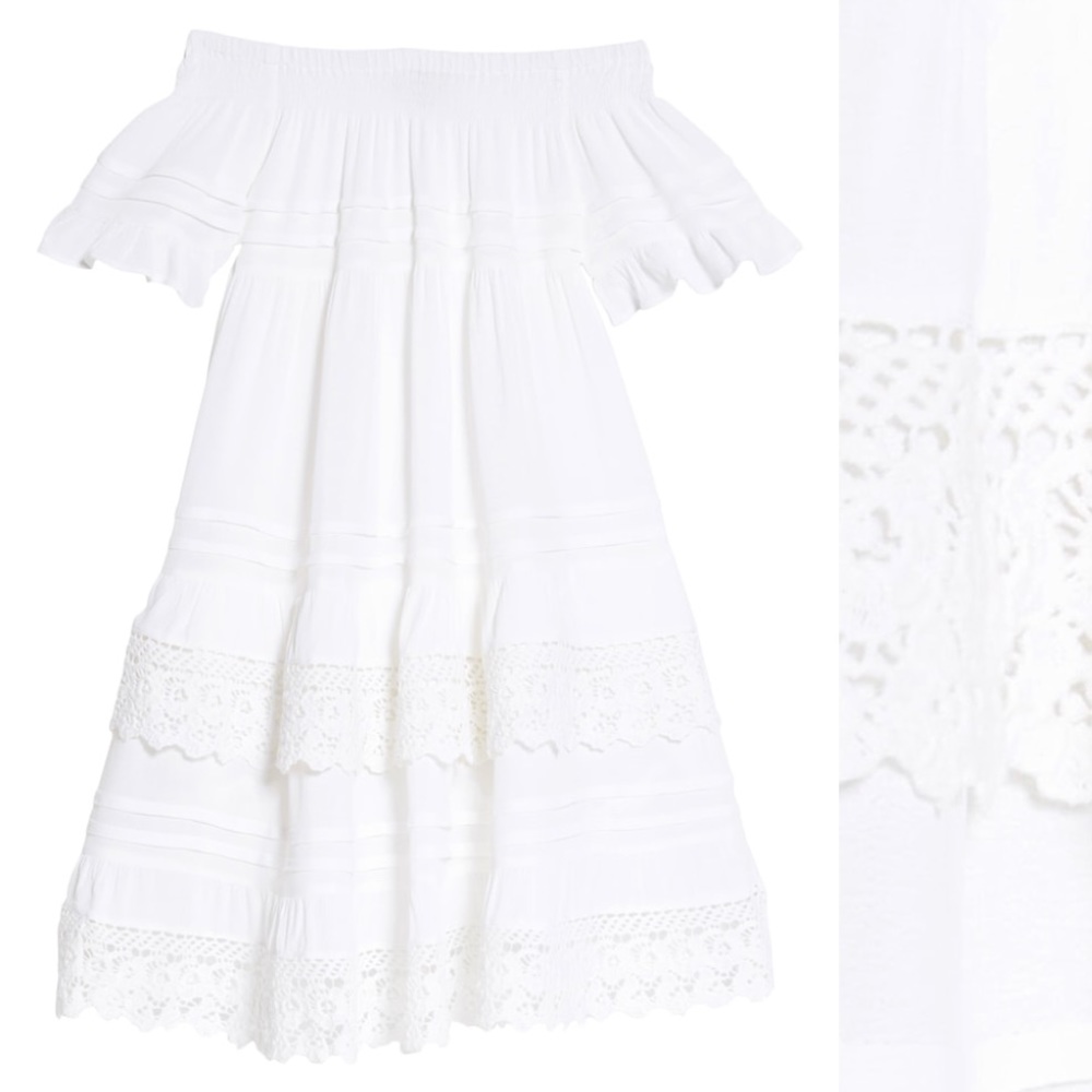 (WHITE) Flutter and Lace Off Shoulder Dress - Picture 3 of 4